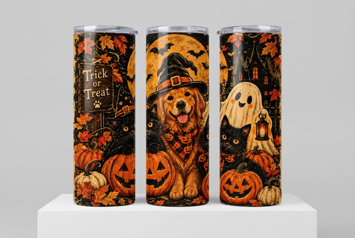 Three rotated views of the Halloween pets tumbler