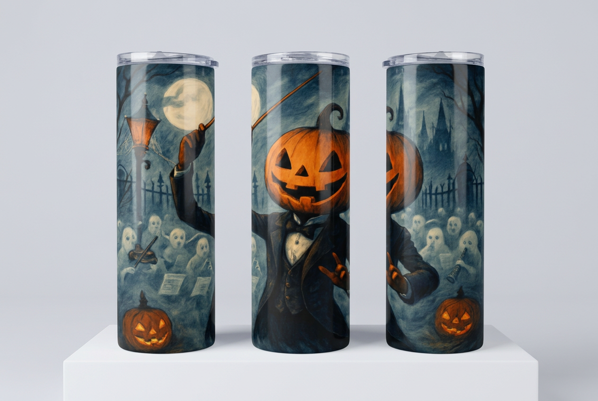 Three rotated views of the pumpkin conductor tumbler