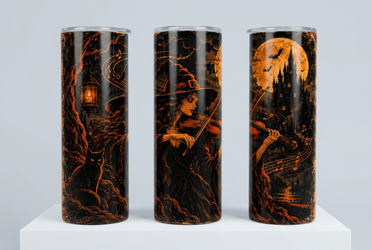 Three rotated views of the violin-playing witch tumbler