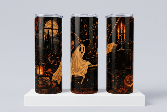Three rotated views of the witch-hat ghost pianist tumbler