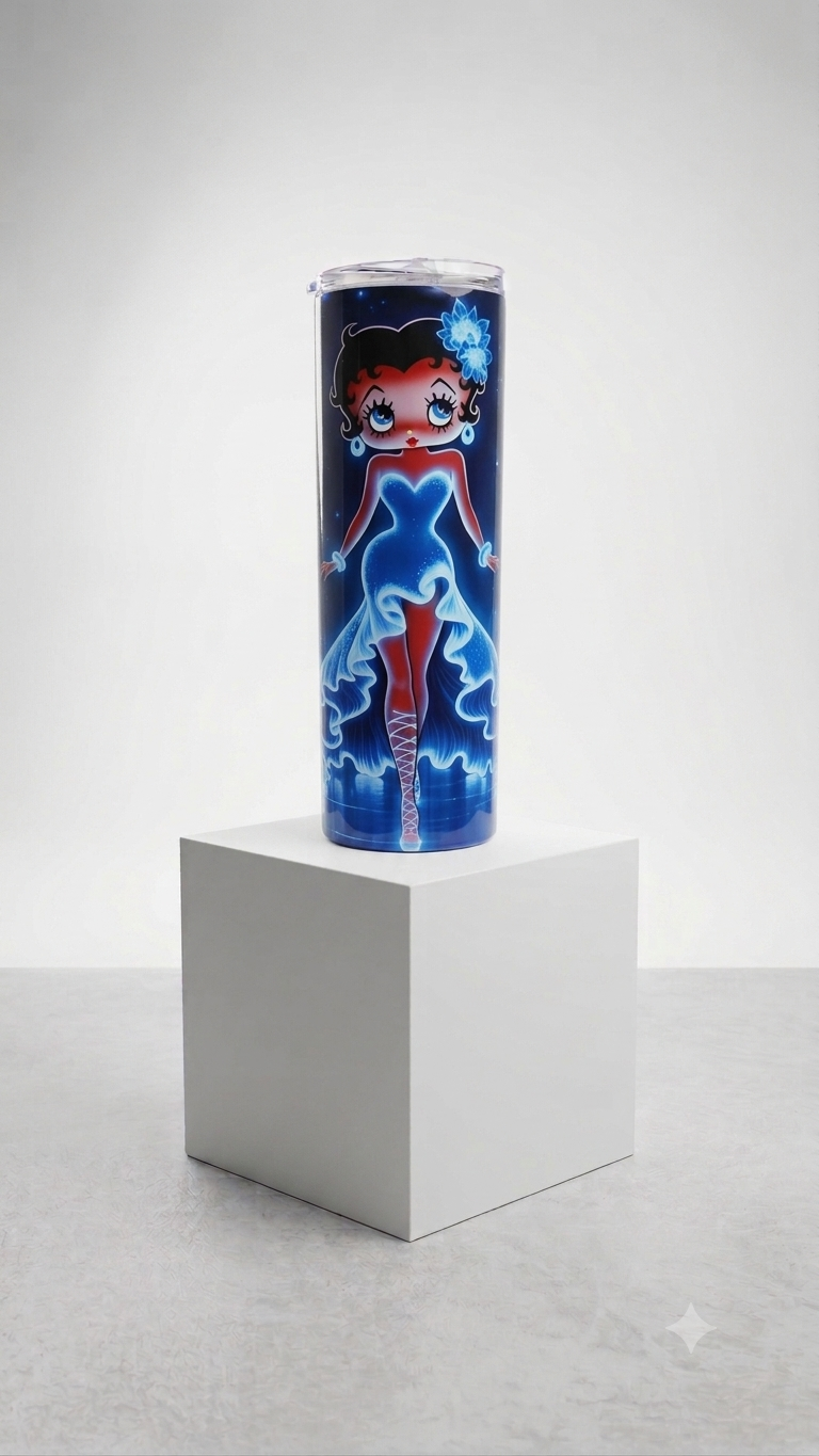 Blue Gown Betty Skinny Tumbler featuring Betty Boop in a glowing blue ruffled ballgown on a midnight blue background
