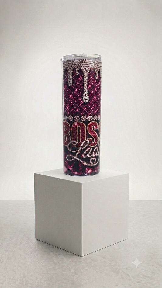 Boss Lady Rhinestone Skinny Tumbler with deep magenta glitter, rhinestone drip top, and bold Boss Lady lettering