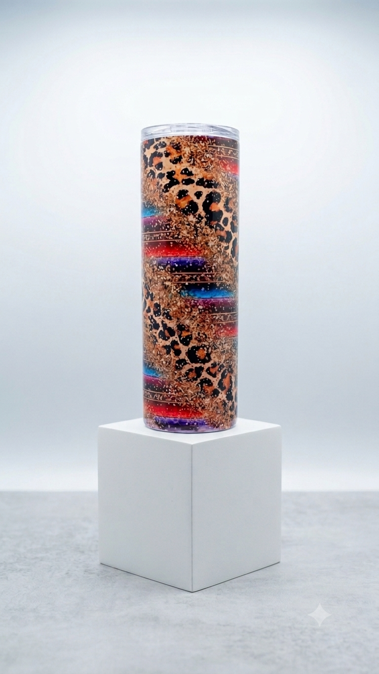 Leopard Serape Glitter Skinny Tumbler with rose gold glitter leopard print and vibrant red blue purple serape stripes