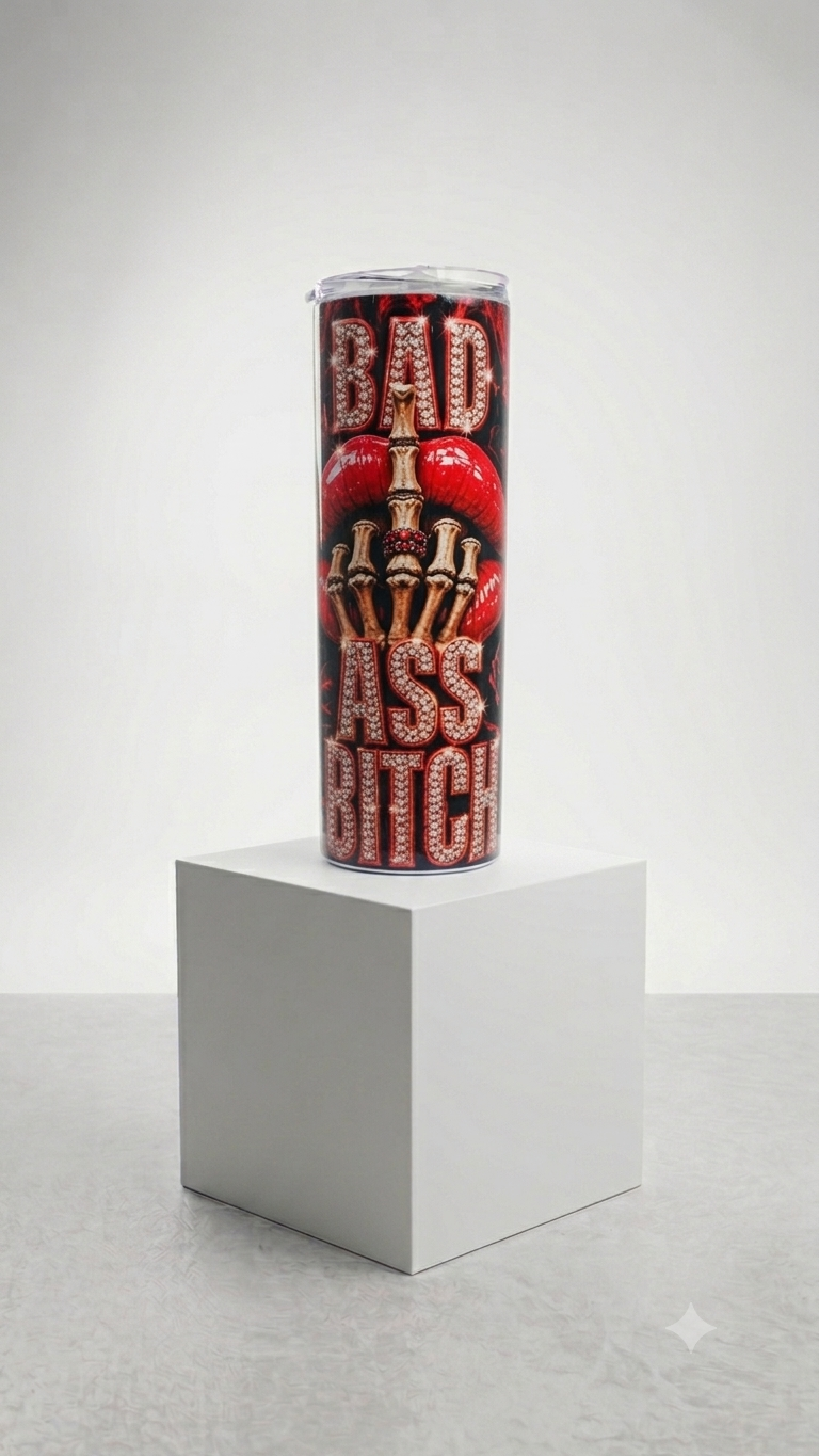 Bad A** B*tch Rhinestone Skeleton Hand Skinny Tumbler