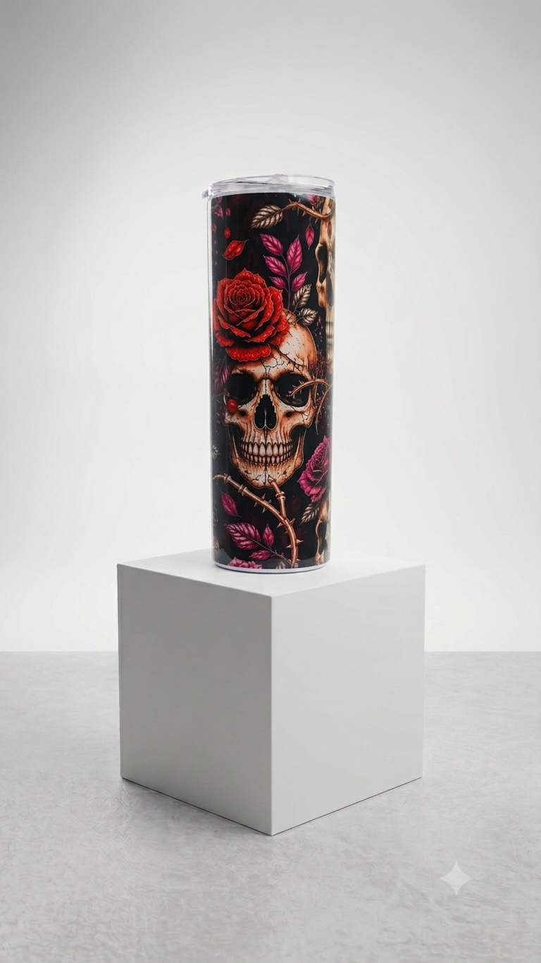 Rose Skull Gothic Skinny Tumbler with cracked skull crowned by red rose thorny branches and magenta leaves on black background