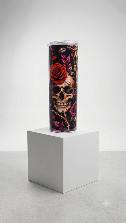 Rose Skull Gothic Skinny Tumbler with cracked skull crowned by red rose thorny branches and magenta leaves on black background