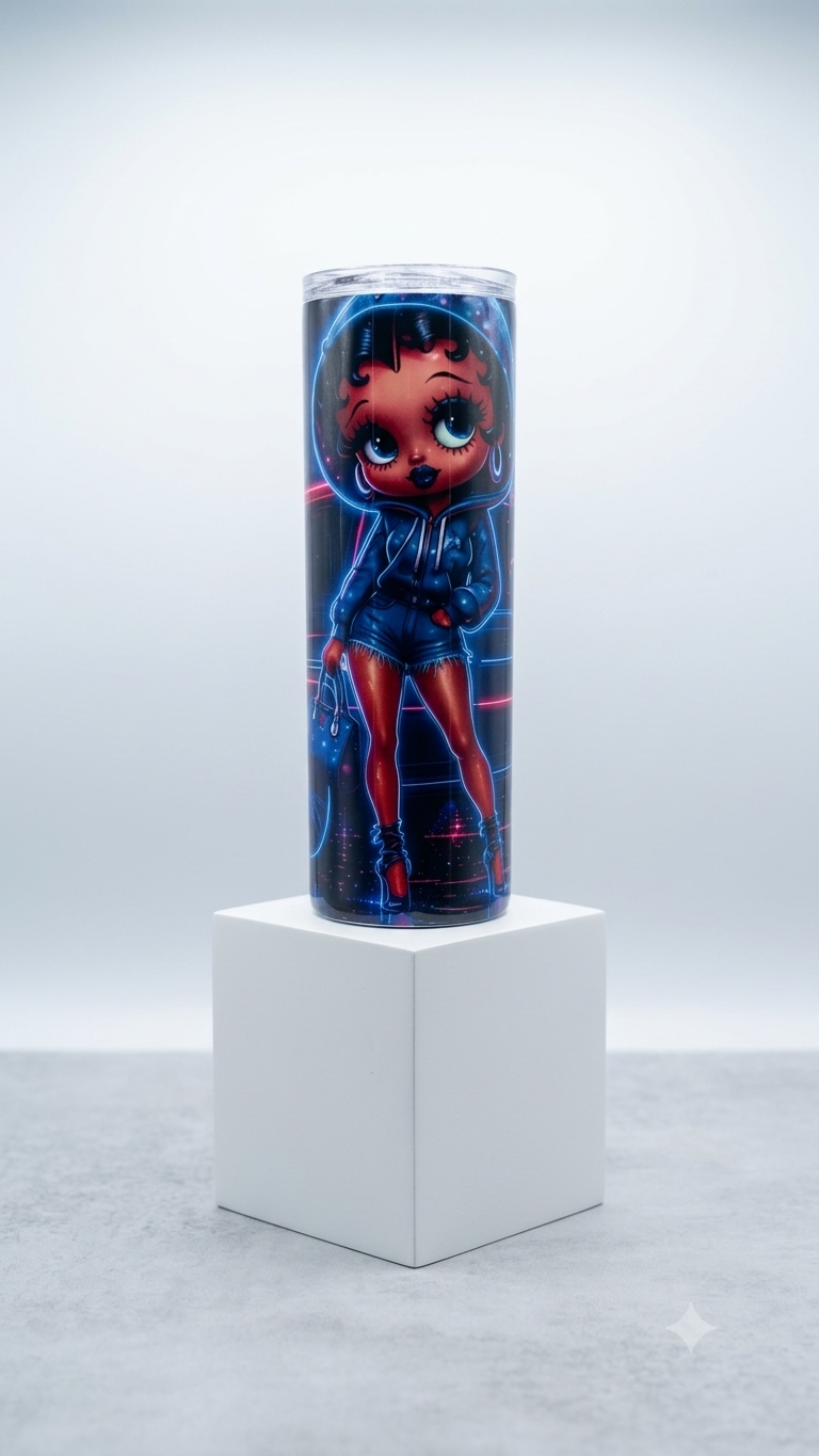 Neon Glow Betty Skinny Tumbler with Black Betty Boop-inspired illustration and electric blue neon glow design