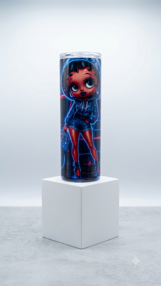 Neon Glow Betty Skinny Tumbler with Black Betty Boop-inspired illustration and electric blue neon glow design