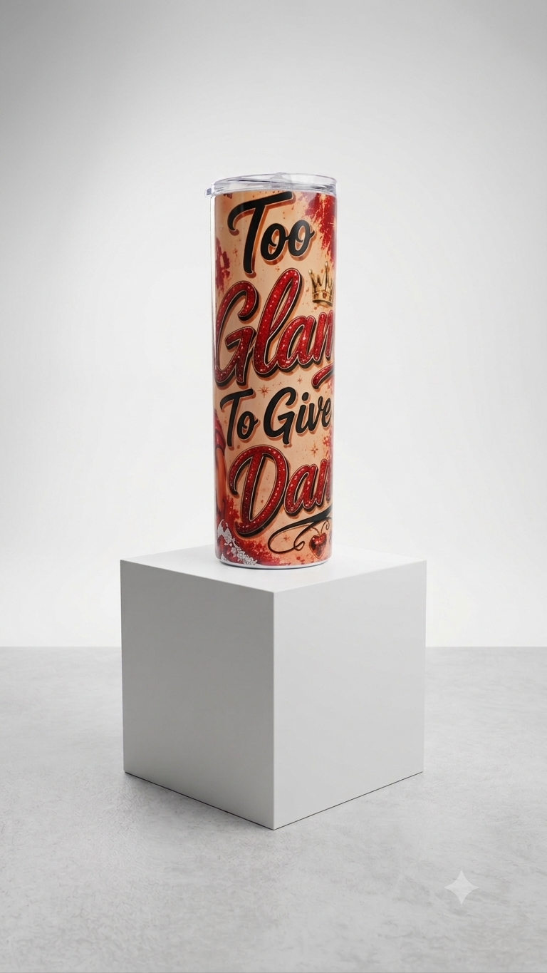 Too Glam to Give a Damn Skinny Tumbler with bold red glitter script gold crown and blush floral background