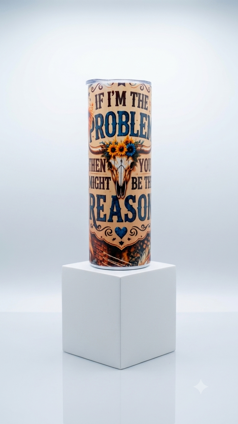 If I'm the Problem Western Skinny Tumbler with bold teal lettering sunflower longhorn skull and sandy boho western background