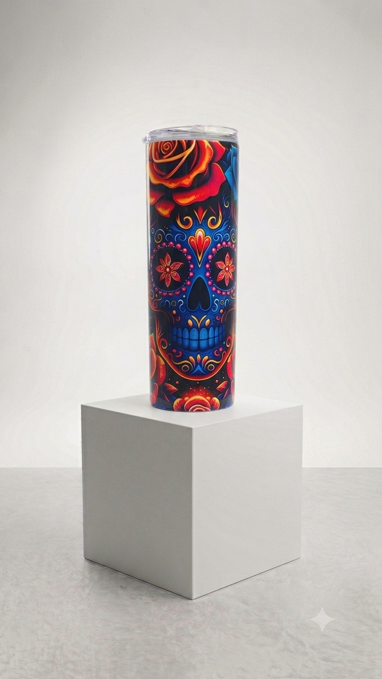 Day of the Dead Sugar Skull Skinny Tumbler with vibrant blue skull gold red floral filigree and red orange rose on navy background