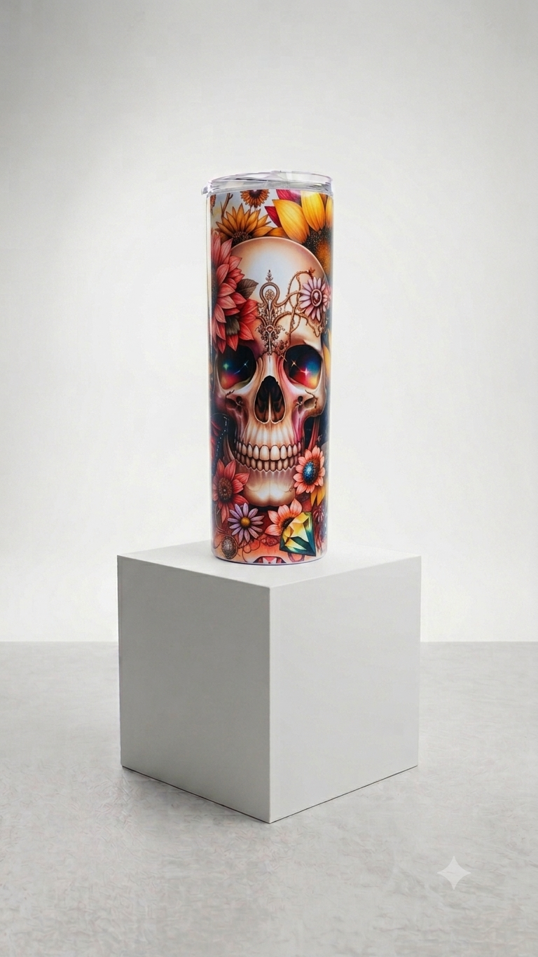 Floral Skull Skinny Tumbler with vibrant floral and skull full-wrap graphic design