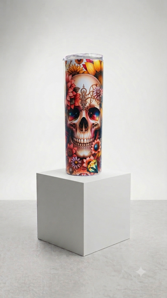 Floral Skull Skinny Tumbler with vibrant floral and skull full-wrap graphic design