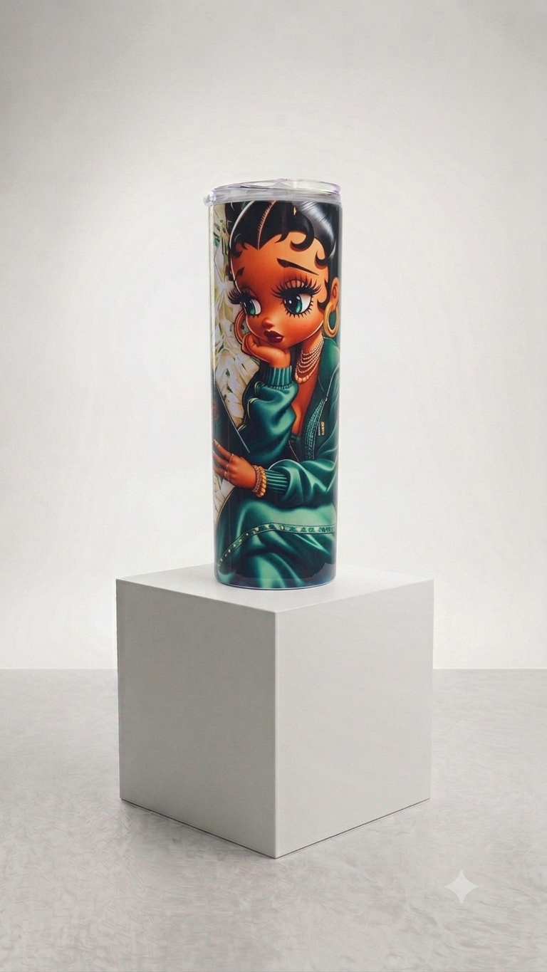Emerald Glam Betty Skinny Tumbler featuring a glamorous Black Betty Boop-inspired illustration in emerald green satin with gold jewelry