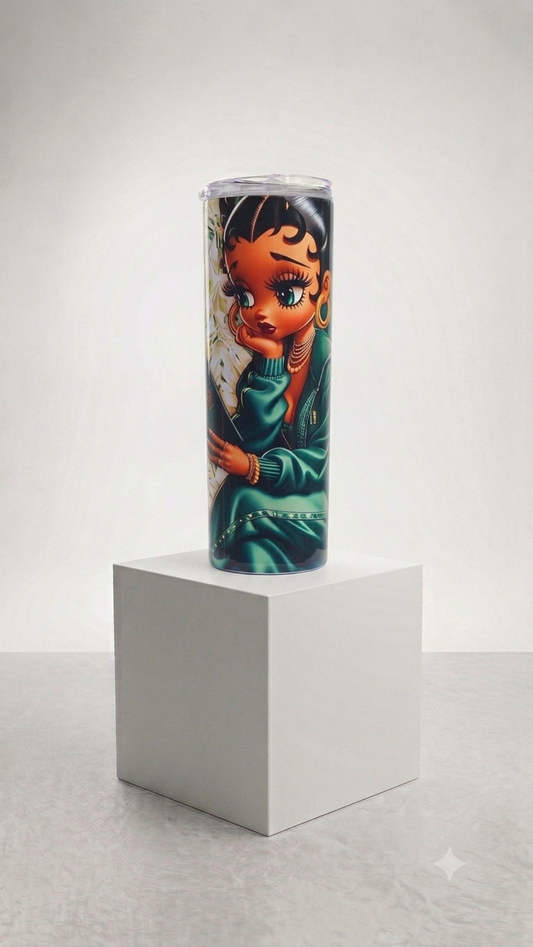 Emerald Glam Betty Skinny Tumbler featuring a glamorous Black Betty Boop-inspired illustration in emerald green satin with gold jewelry