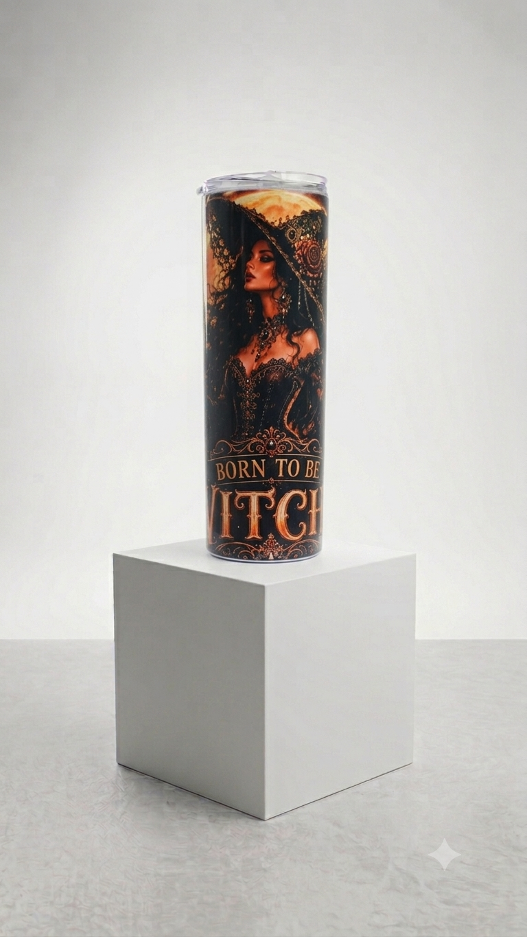 Born to Be Witch Skinny Tumbler featuring a dark witch in ornate black lace hat with gold Born to Be Witch lettering