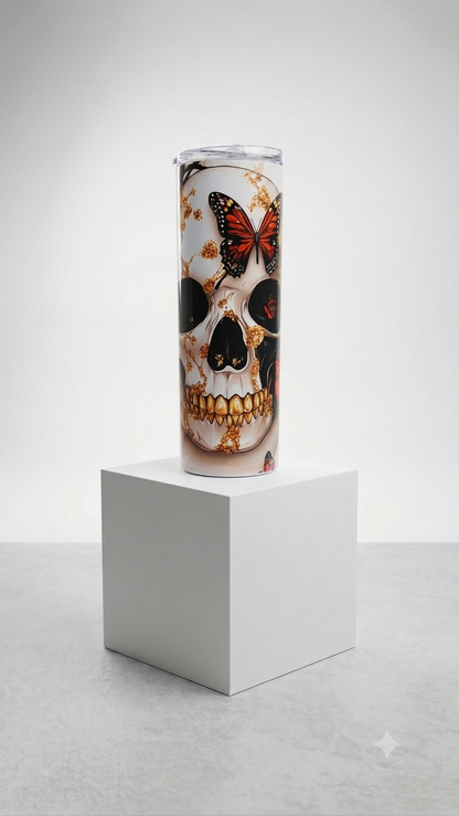 Golden Butterfly Skull Skinny Tumbler with white skull, gold leaf accents, and vibrant monarch butterfly design