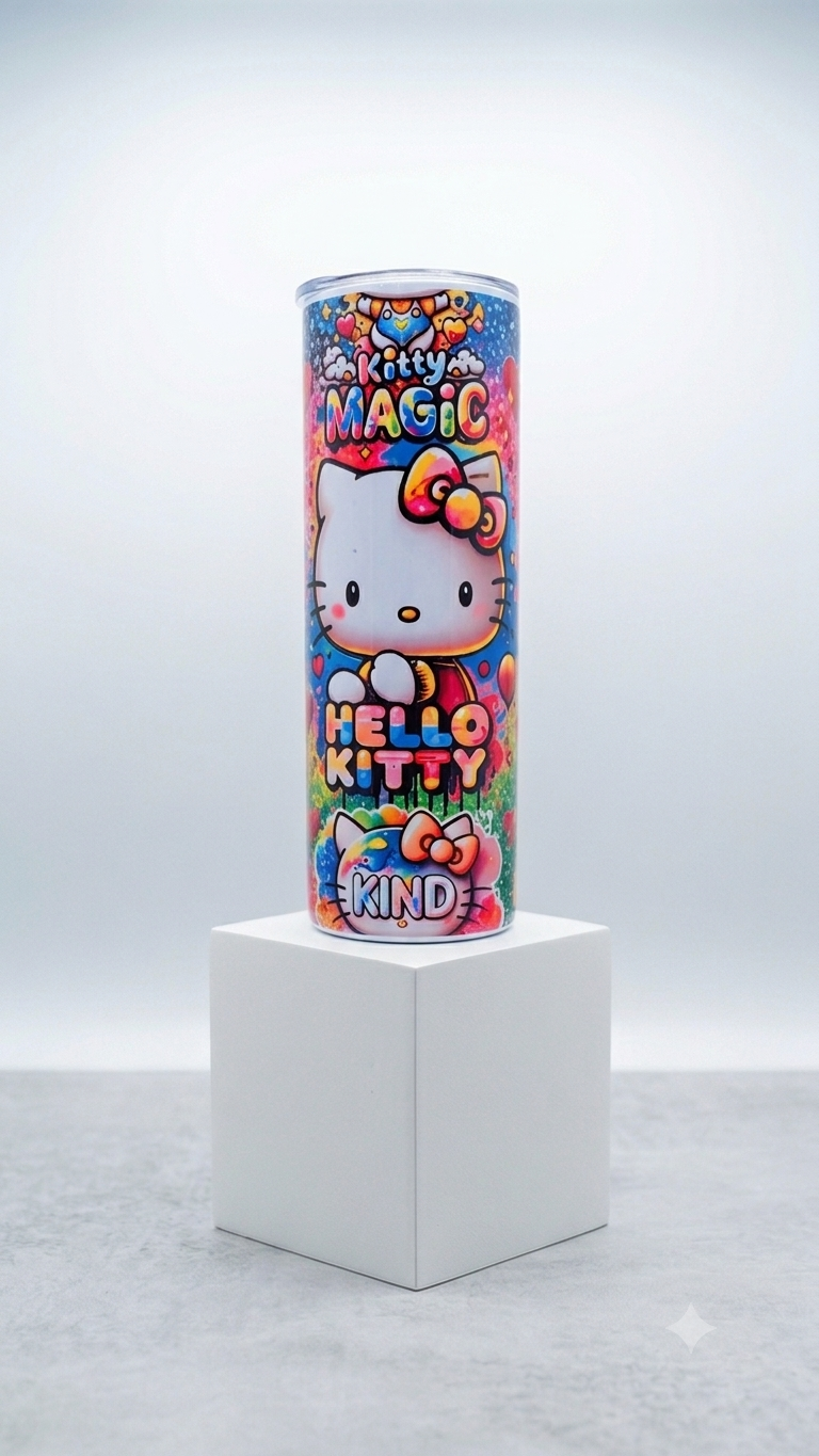 Hello Kitty Magic Skinny Tumbler with vibrant rainbow Hello Kitty design and Kitty Magic and Kind lettering