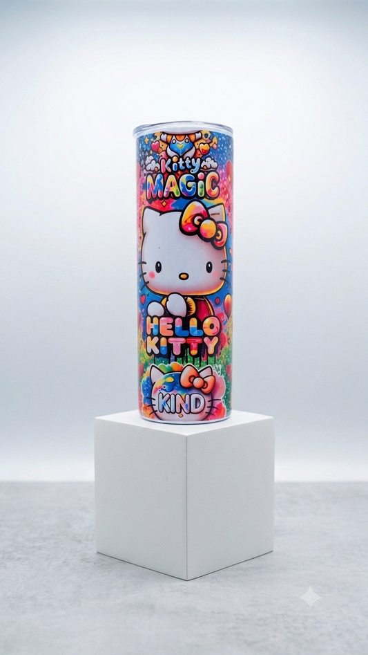 Hello Kitty Magic Skinny Tumbler with vibrant rainbow Hello Kitty design and Kitty Magic and Kind lettering