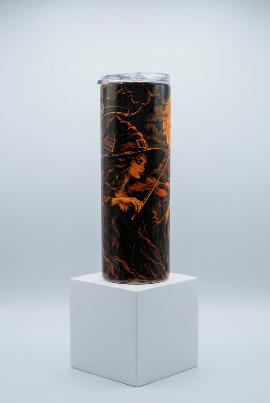 Violin-playing witch tumbler on a white box stand