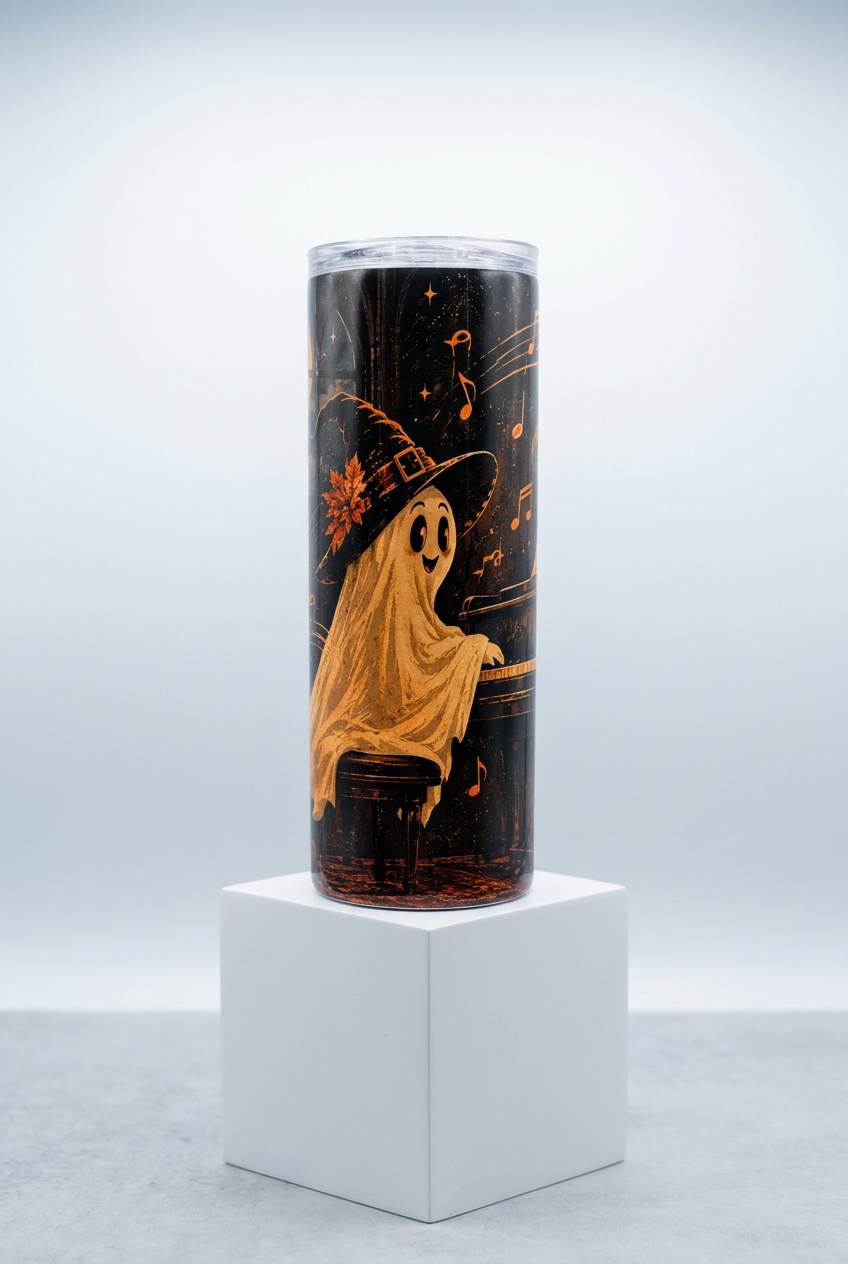 Witch-hat ghost pianist tumbler on a white box stand